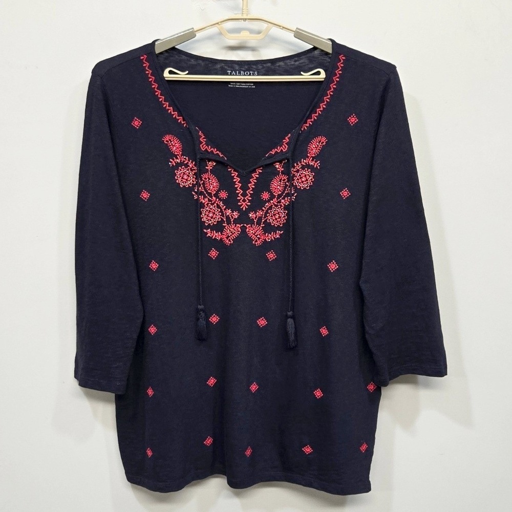 Talbots Boho Embroidered Tunic Top Women 1X Navy Blue 3/4 Sleeve Tassel‎ Coastal